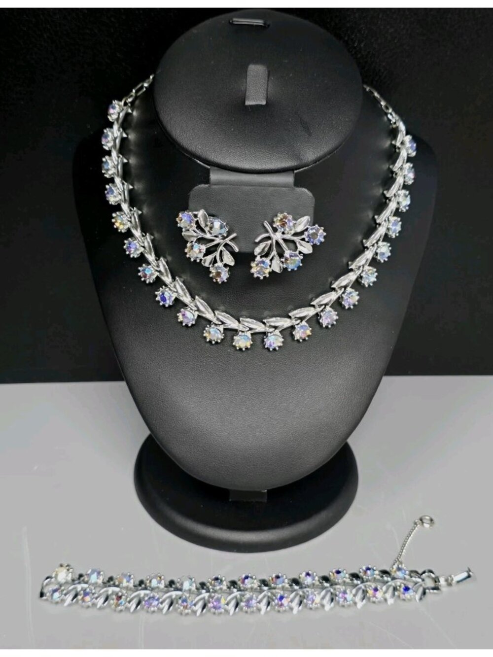 Jewelery Set Parure Necklace Bracelet Earrings AB Rhinestones Pierced EARS